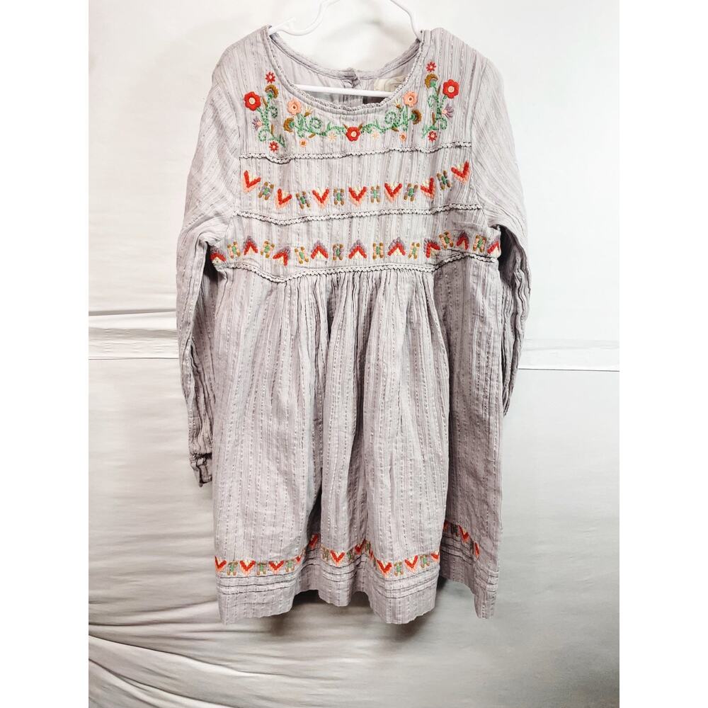 Peek Shiloh Floral Gray Embroidered Metallic Striped Long Sleeve Dress Girl 8